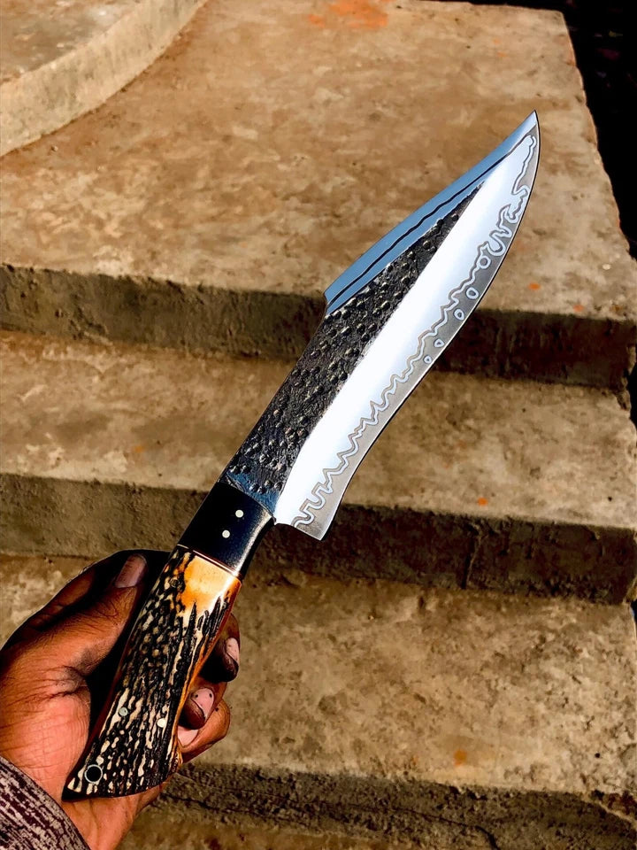Handmade Damascus-Style Bowie Hunting Knife with Bone Handle & Leather Sheath | Arham Cutlery