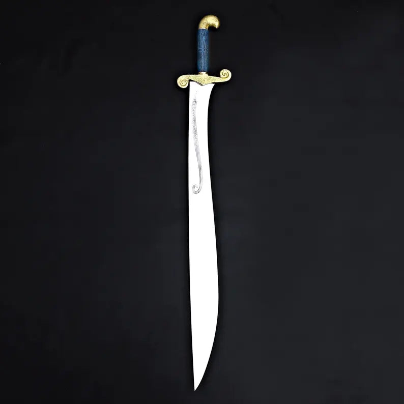 Handmade Fantasy Warrior Sword – Curved J2 Steel Blade with Brass Guard & Leather Sheath