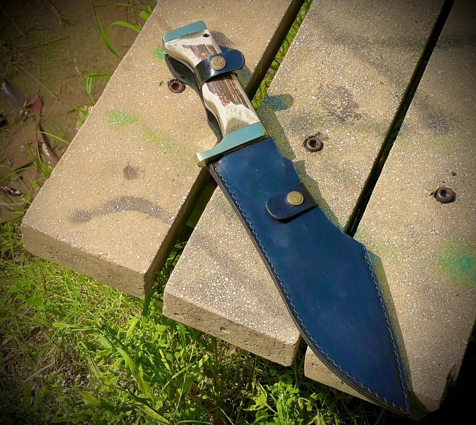 Handmade High Carbon Steel Bowie Hunting Knife with Stag Horn Handle & Leather Sheath | Arham Cutlery