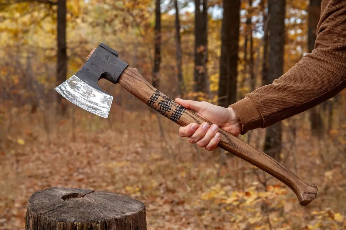 Nordic Forest Camp Axe – Handmade Carbon Steel Hiking Hatchet with Carved Ash Handle Arham Cutlery