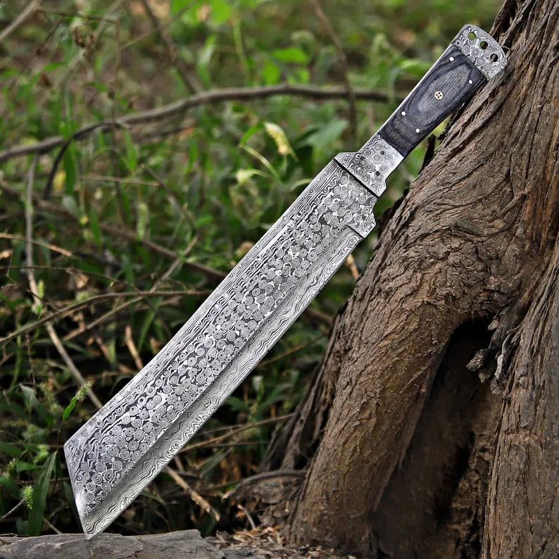 Handmade Rain Drop Damascus Steel Machete with Pakka Wood Handle & Leather Sheath | Arham Cutlery