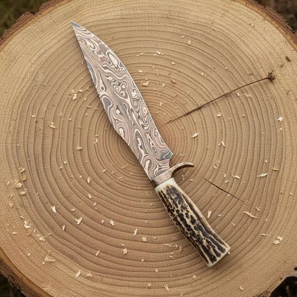 Handmade San Mai Copper Damascus Bowie Knife with Stag Antler Handle & Tooled Leather Sheath | Arham Cutlery - Arham Cutlery