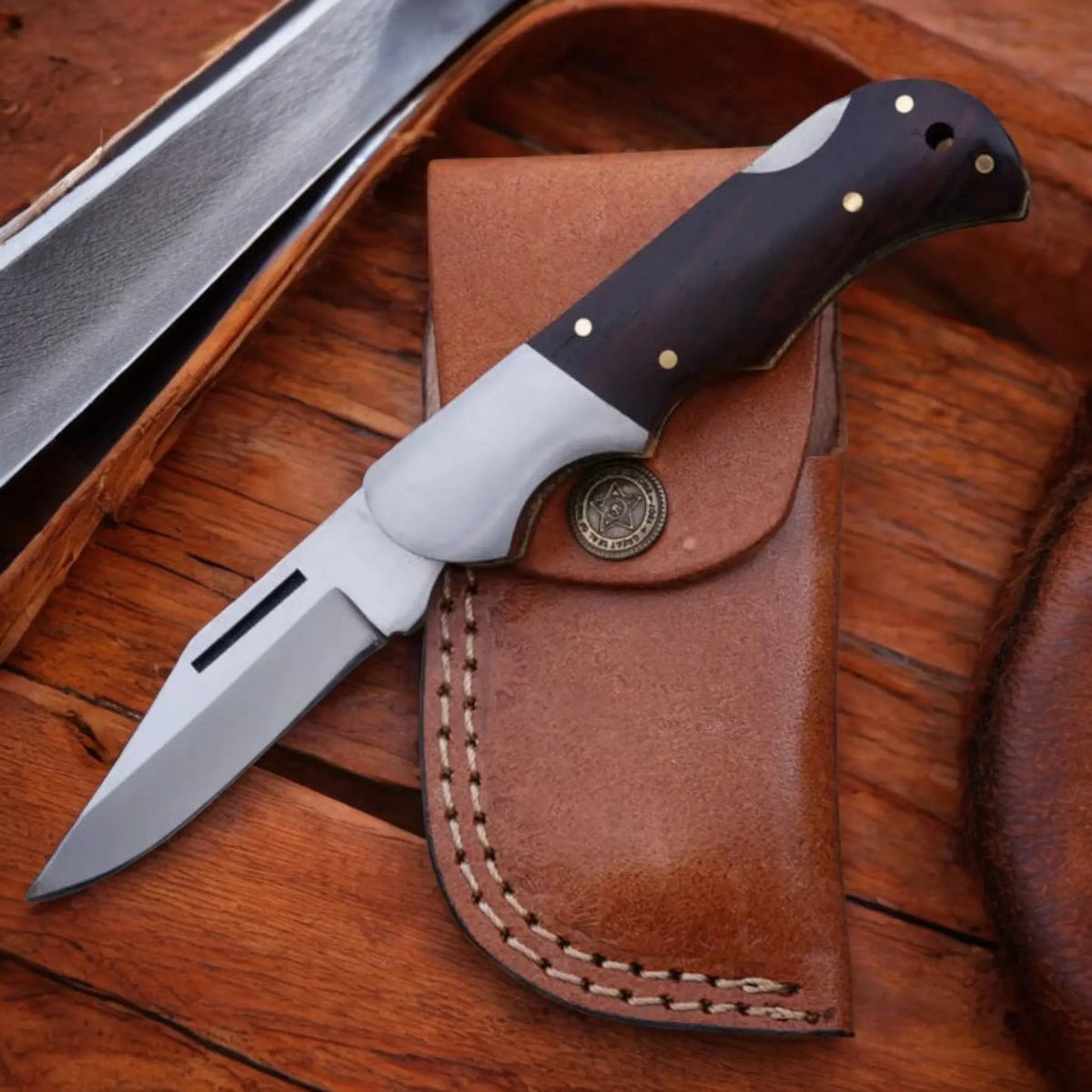 Handmade Stainless Steel Folding Pocket Knife with Rosewood Handle & Leather Sheath | Arham Cutlery - Arham Cutlery