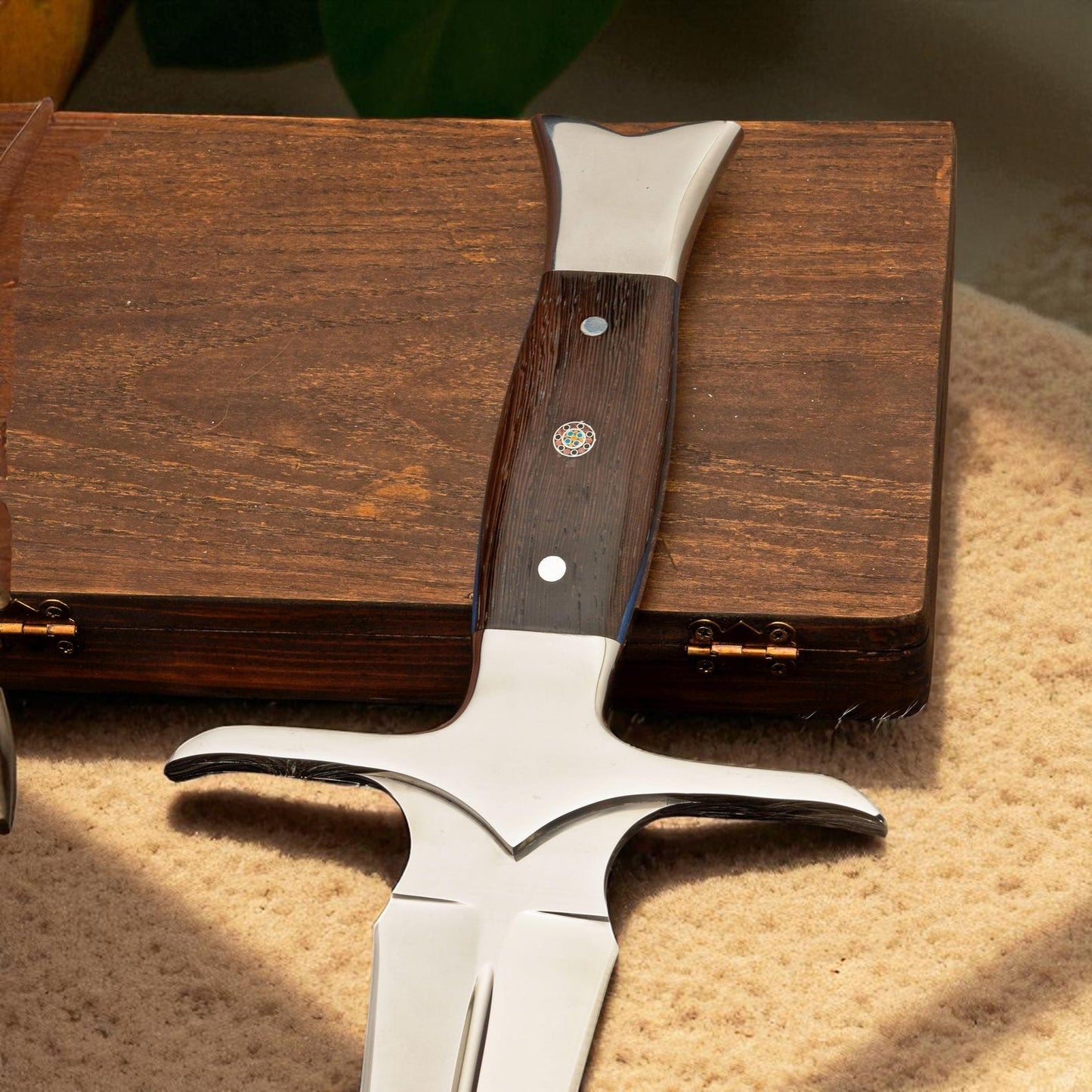 Full view of handmade Viking sword with leather sheath on fur background – Arham Cutlery