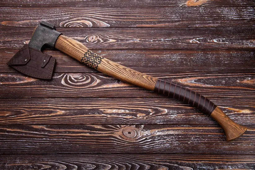 Heritage Woodcraft Axe – Handmade Carbon Steel Camp Hatchet with Carved Ash Handle Arham Cutlery
