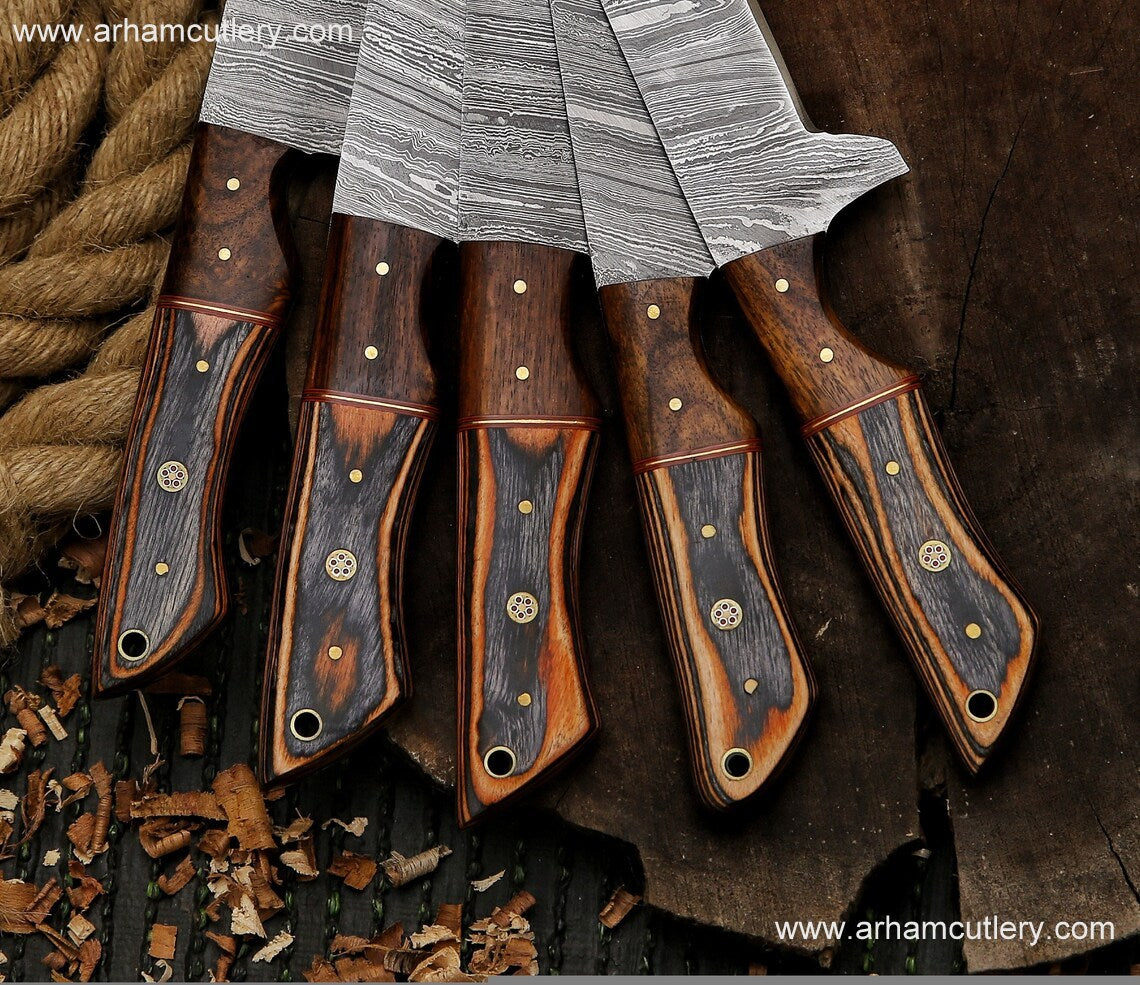 Kitchen knife handmade Damascus steel chef set gift for him ,gift for mother with leather roll kit , kitchen knife chef set gift for husband | Arham Cutlery Arham Cutlery