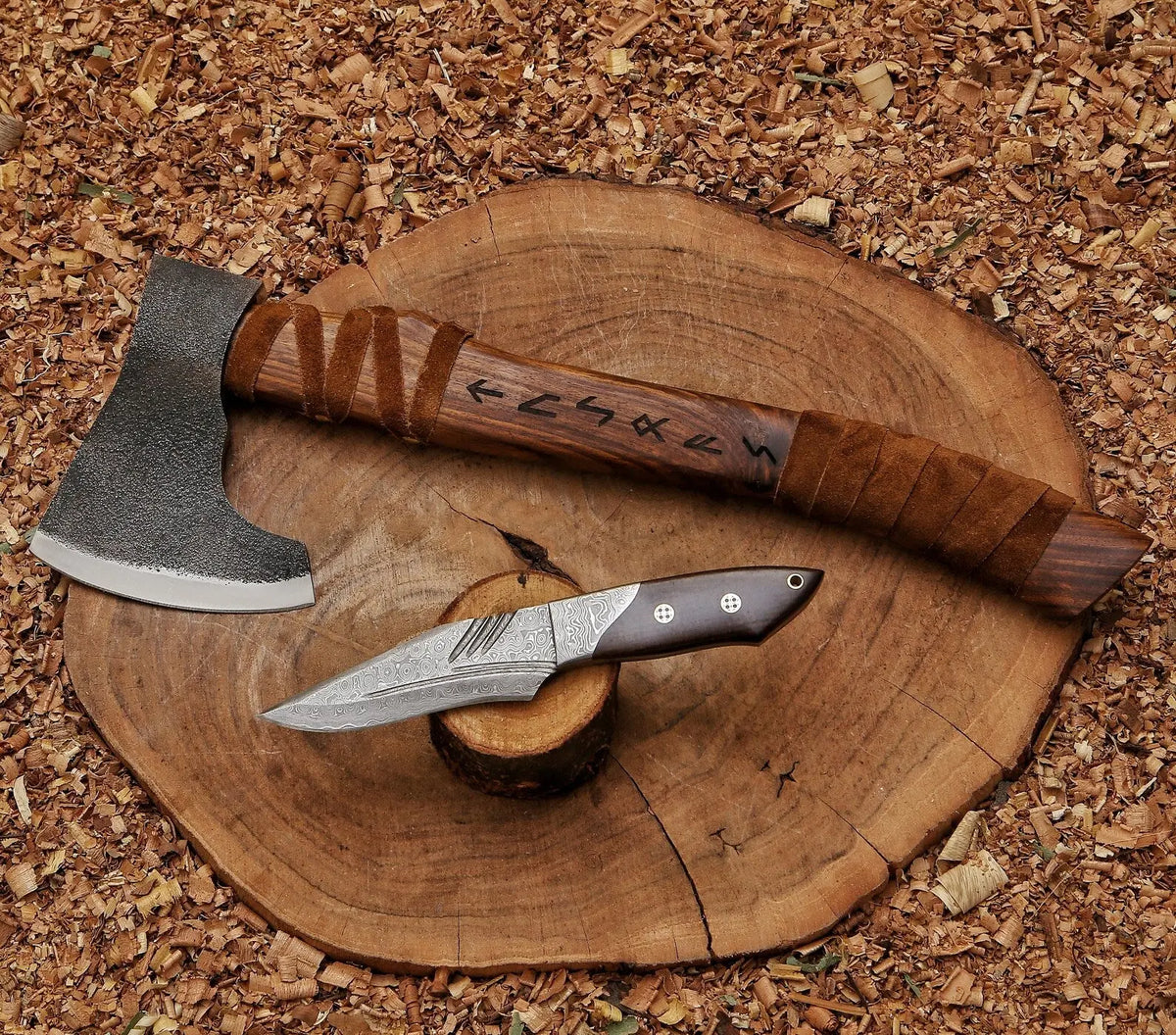Custom Pair of Viking axe and survival hunting knife | hand forged steel knife and custom axe | hunting gifts for men - Arham Cutlery