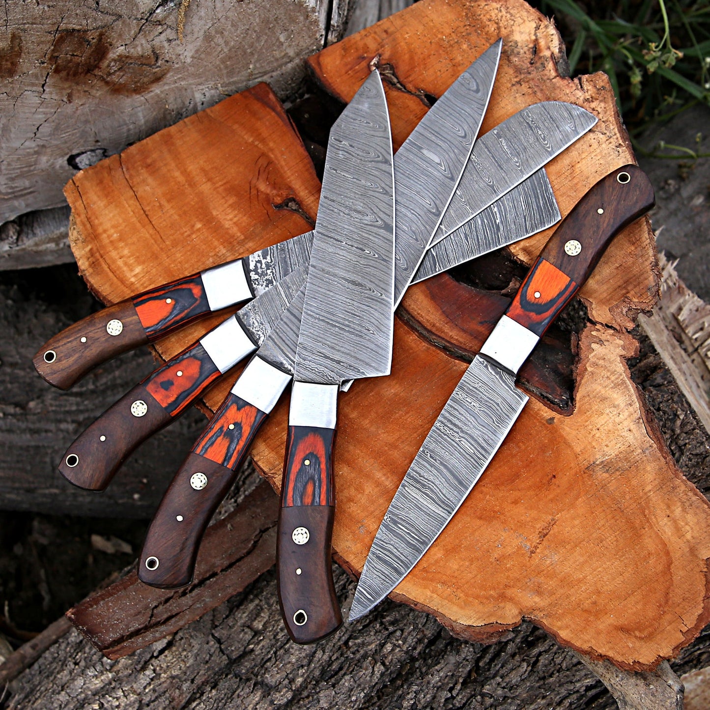 Damascus Steel Kitchen Knfie Set Custom knife set for Christmas Gift Chef Knife Set 5Pcs Knives Set With Leather Roll Kitchen Knife Set - Arham Cutlery