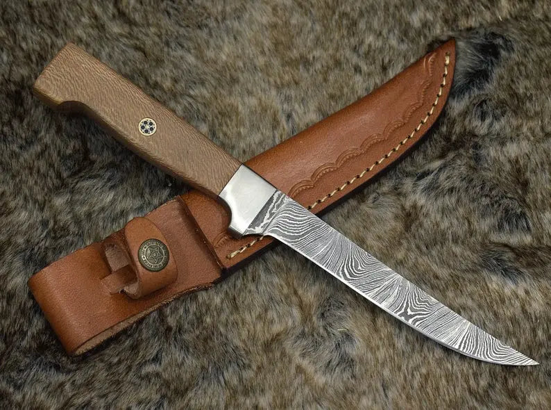 Custom Handmade Damascus Steel Fillet Knife with Rosewood Handle - 11" Overall Length by Arham Cutlery - Arham Cutlery