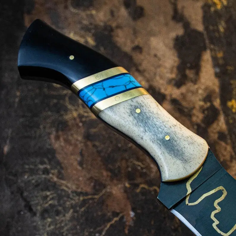 Handmade Viking Hunting Knife with Copper Inlay – Full Tang Stainless Steel Blade, Turquoise & Camel Bone Handle, Leather Sheath - Arham Cutlery