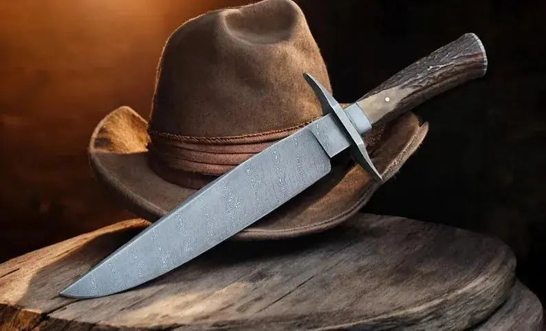 Top Rated Bowie Knife - Handmade Damascus Steel & Antler Handle , Best Handmade Bowie Knife With Leather Sheath - Arham Cutlery