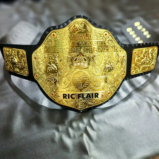 Big Gold World Heavyweight wrestling Title belt with Ric Flare Name Plate, 2mm Brass plates Adult Size - Arham Cutlery