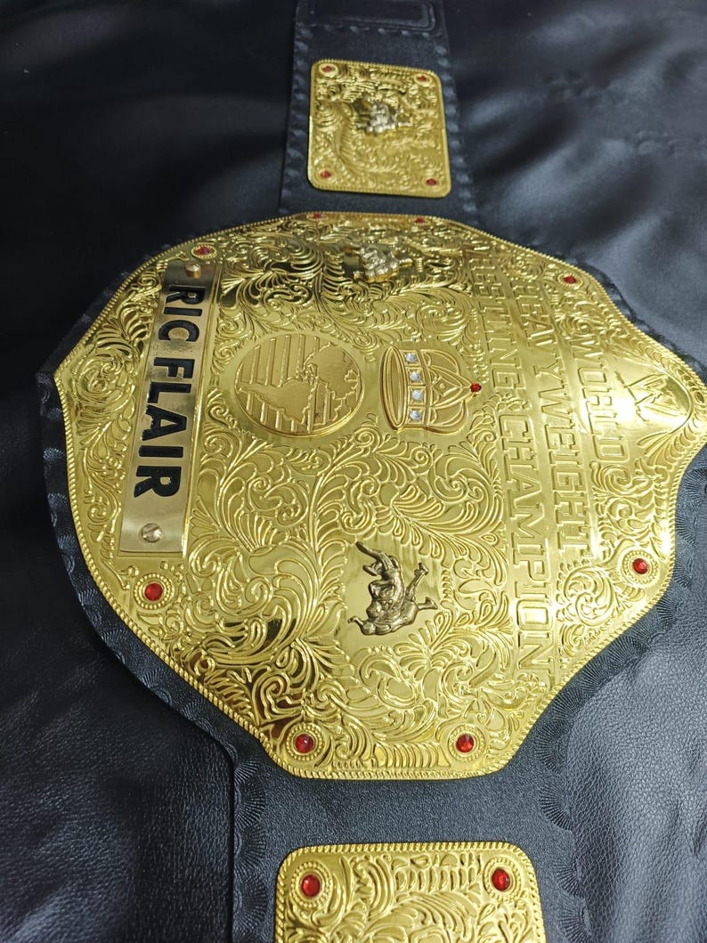 Big Gold World Heavyweight wrestling Title belt with Ric Flare Name Plate, 2mm Brass plates Adult Size