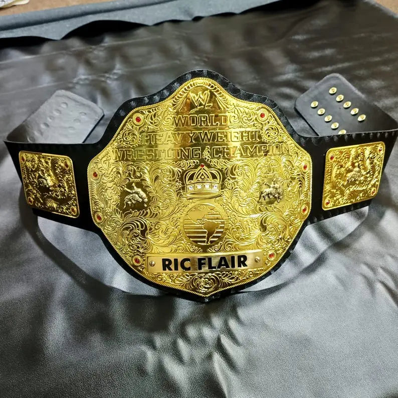 Big Gold World Heavyweight wrestling Title belt with Ric Flare Name Plate, 2mm Brass plates Adult Size - Arham Cutlery
