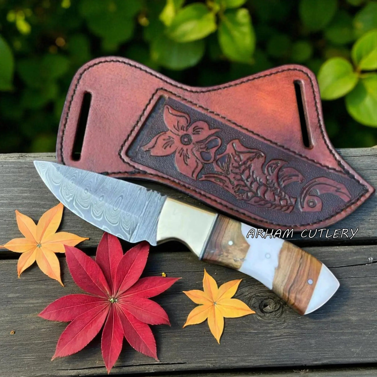 Ironwood Bloom Skinner Knife – 9" Damascus Blade with Brass Bolster | Arham Cutlery - Arham Cutlery
