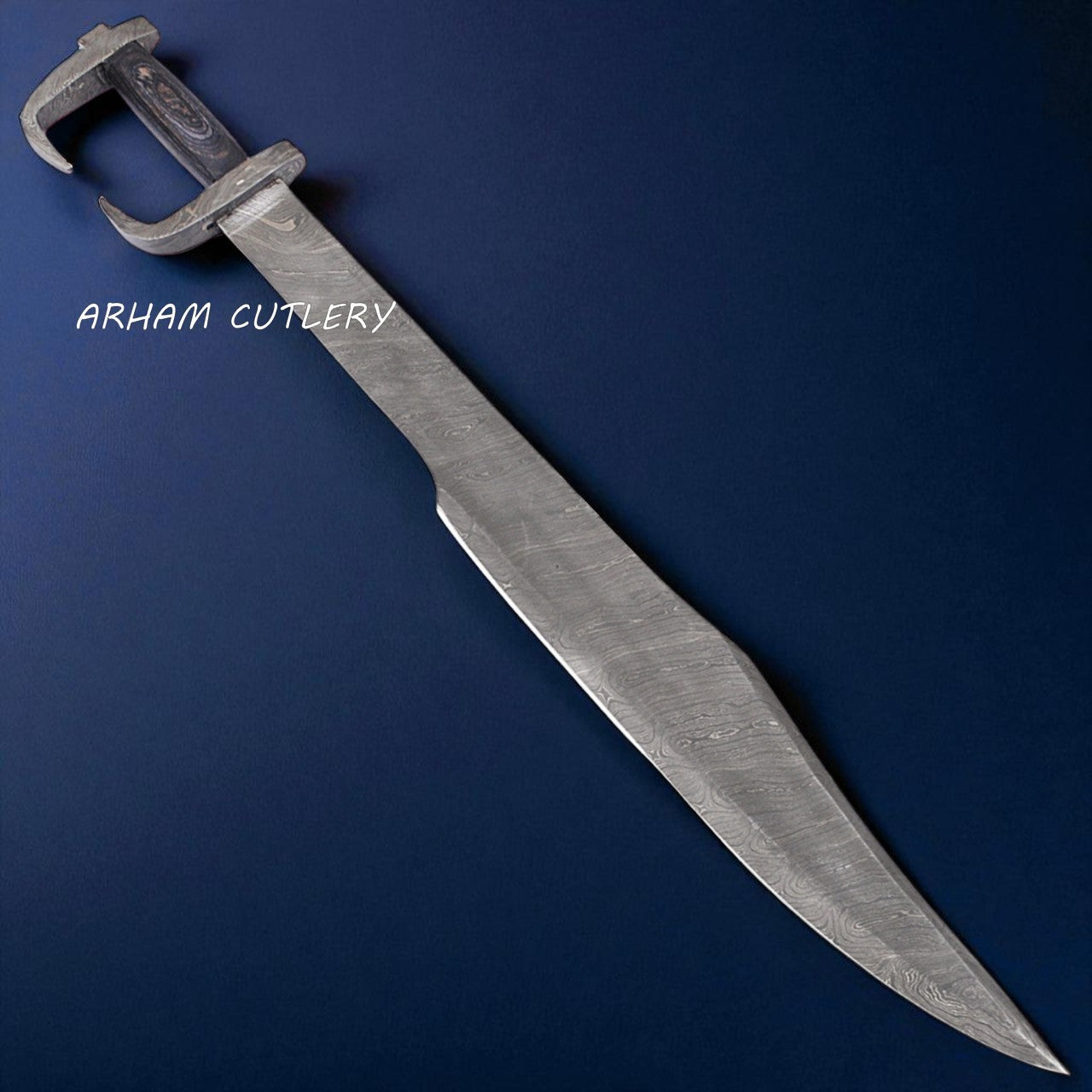 Hand-forged Spartan-style Damascus steel sword with curved blade, dark pakkawood handle, and leather sheath – Arham Cutlery