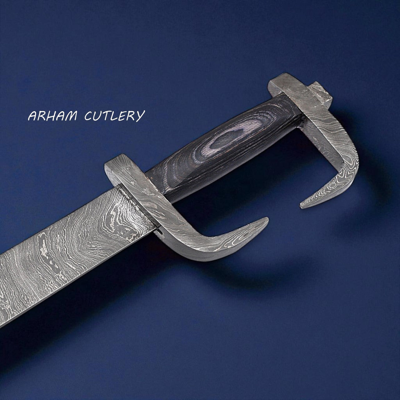 Hand-forged Spartan-style Damascus steel sword with curved blade, dark pakkawood handle, and leather sheath – Arham Cutlery