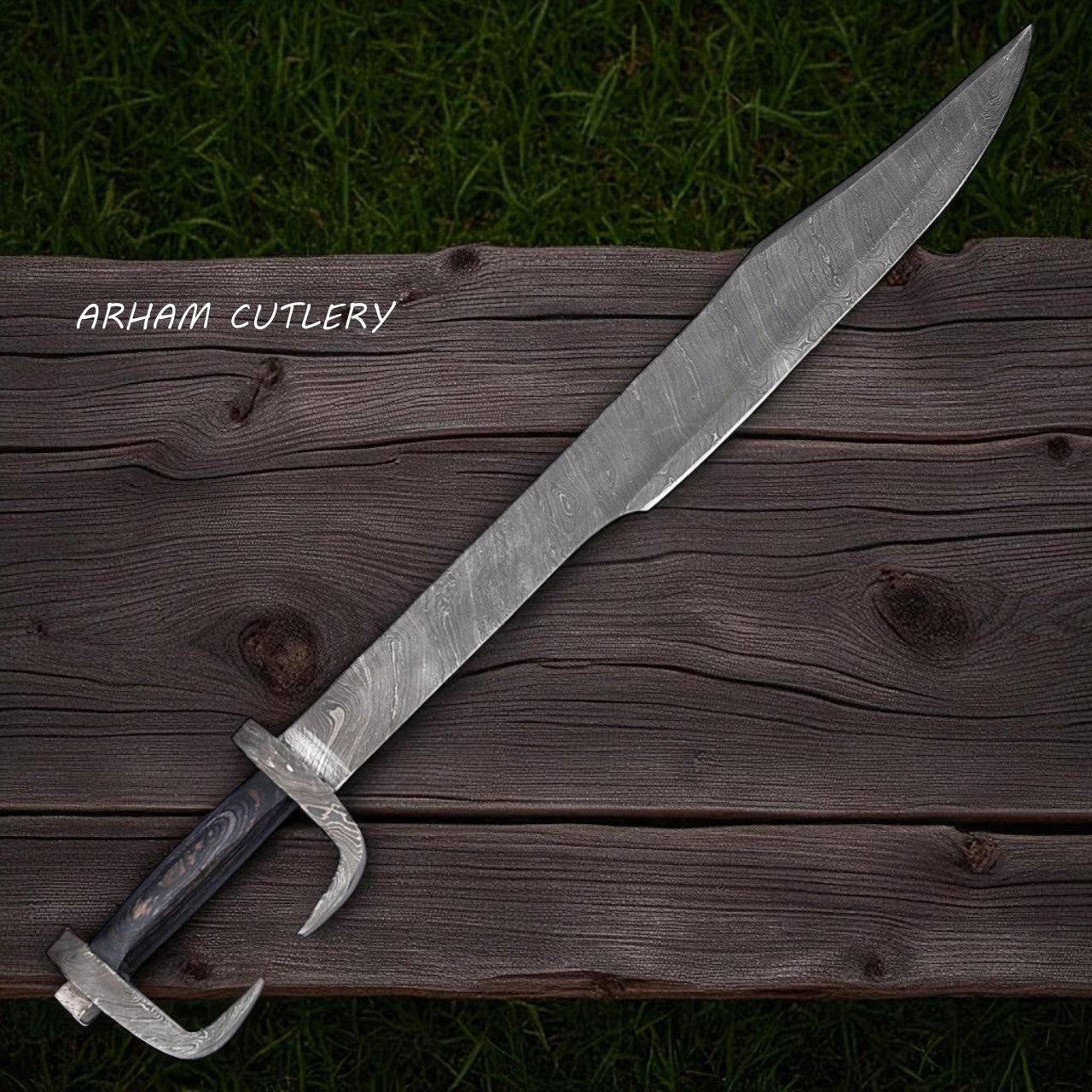 Hand-forged Spartan-style Damascus steel sword with curved blade, dark pakkawood handle, and leather sheath – Arham Cutlery