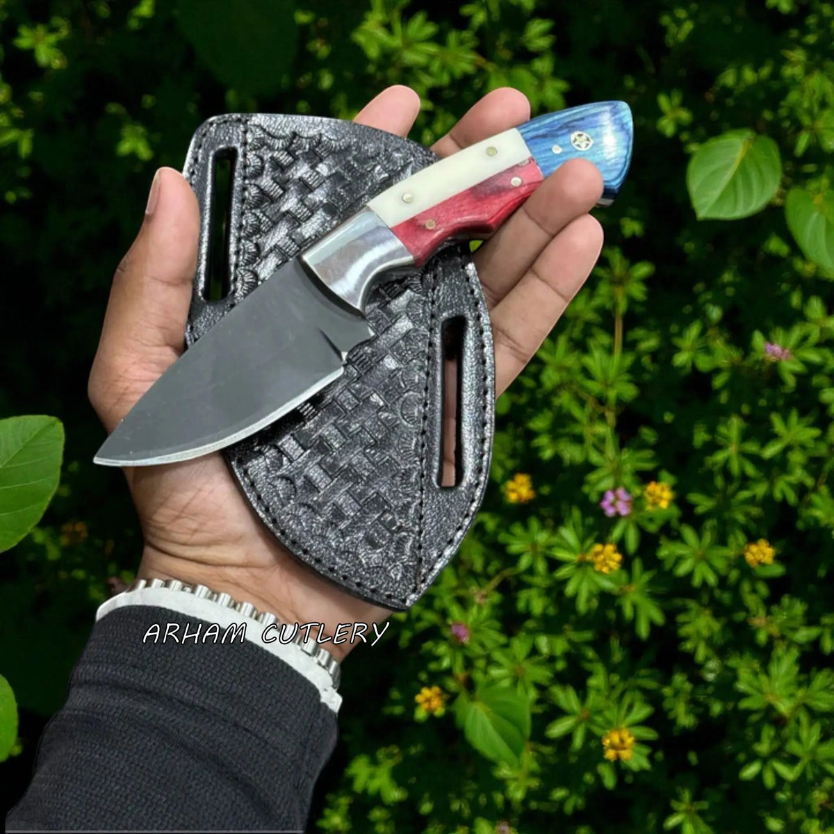 Lone Star Scout Hunting Knife | J2 Steel Blade with Red, White & Blue Handle – Handmade by Arham Cutlery - Arham Cutlery