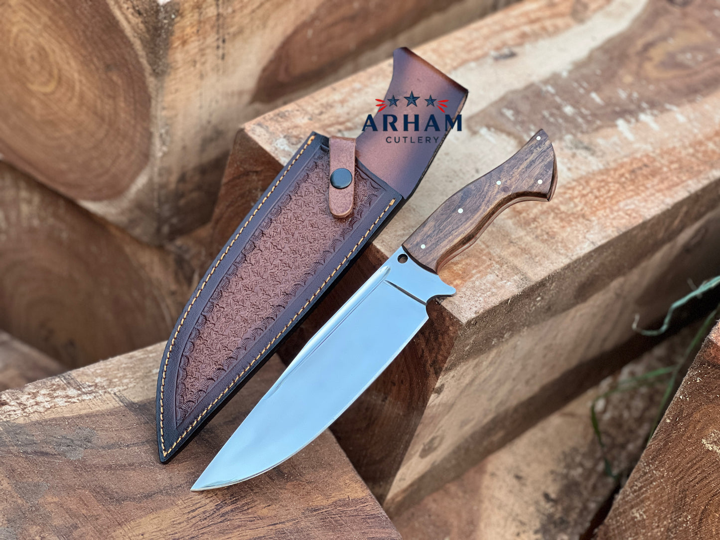 Premium 13" Handmade Hunting Knife – D2 Tool Steel, Rosewood Handle, Leather Sheath