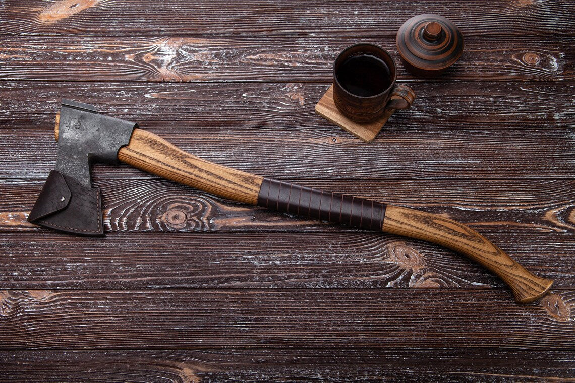 Nordic Woodland Axe – Handmade Carbon Steel Hiking Hatchet with Ash Wood Grip Arham Cutlery