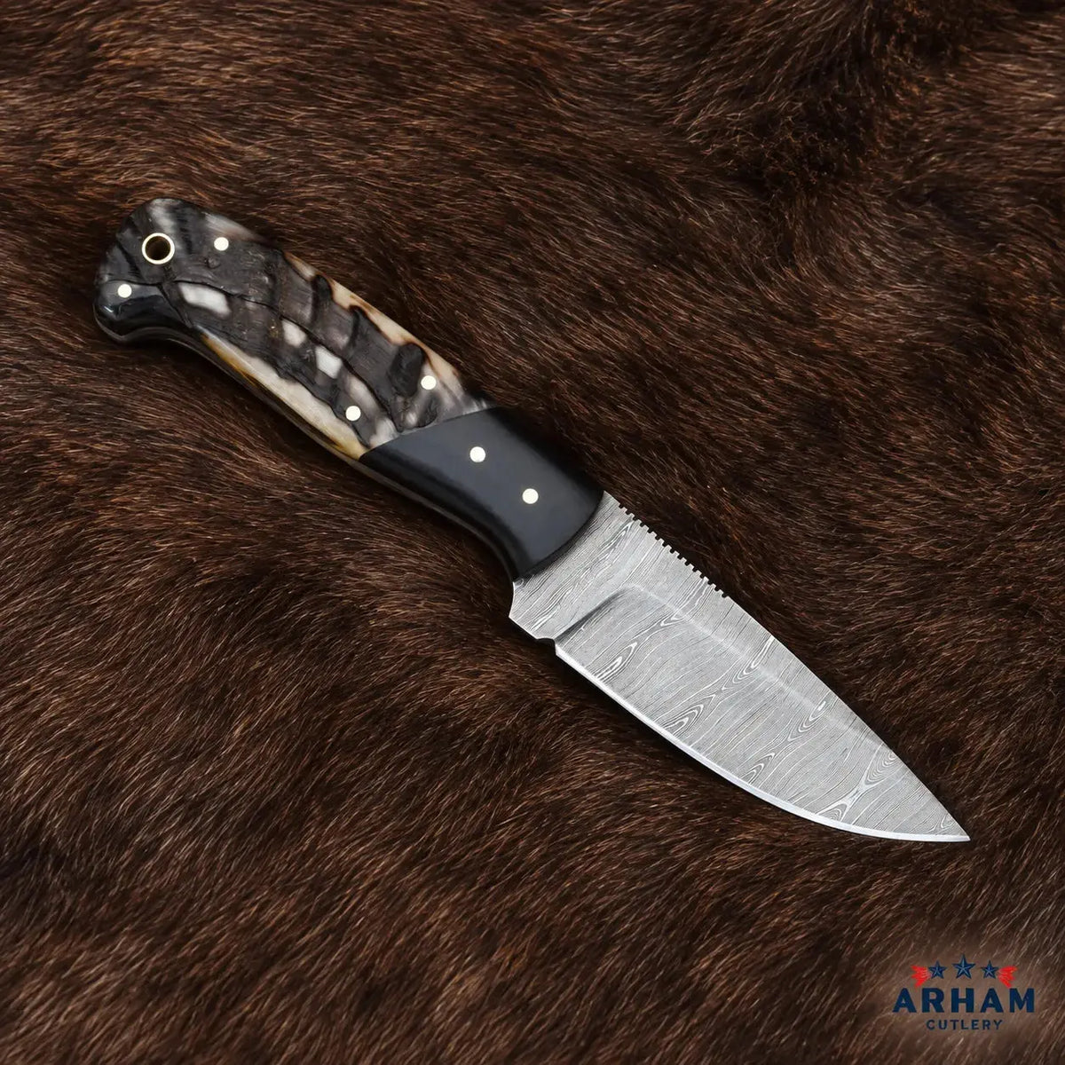 Ramcrest Blackforge Damascus Hunting Knife – Ram Horn & Micarta Handle Arham Cutlery