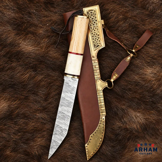Ravenback Viking Seax Knife – Broken Back Damascus & Bone Handle Arham Cutlery