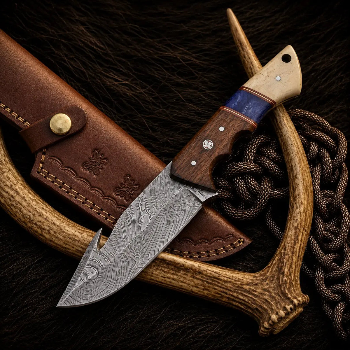 A fixed-blade knife with a patterned steel blade, a dark wood handle with a blue inlay, and brass pins, displayed diagonally across a brown leather sheath, a light wood antler, and a brown braided cord on a dark fur background.