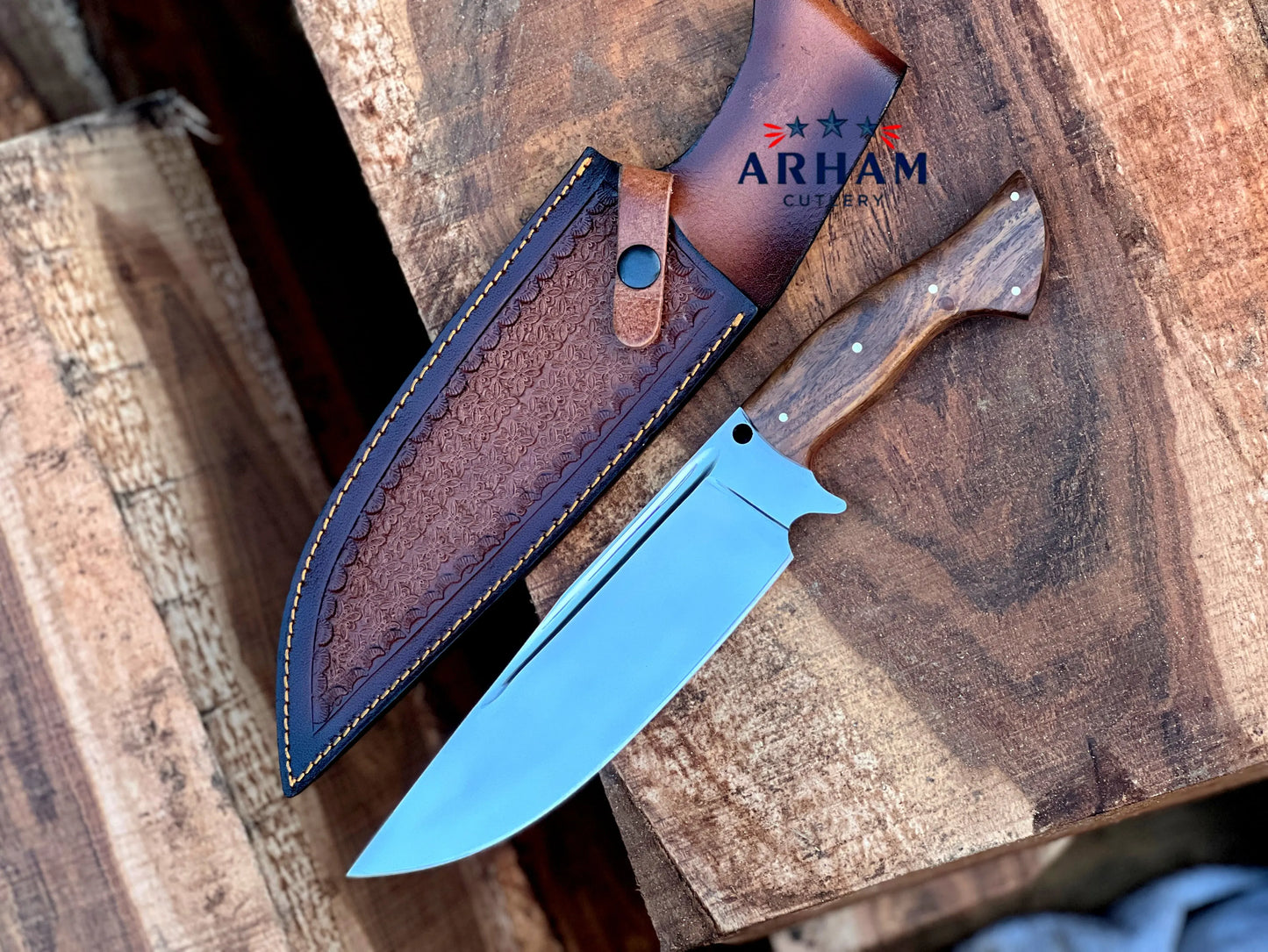 Premium 13" Handmade Hunting Knife – D2 Tool Steel, Rosewood Handle, Leather Sheath - Arham Cutlery