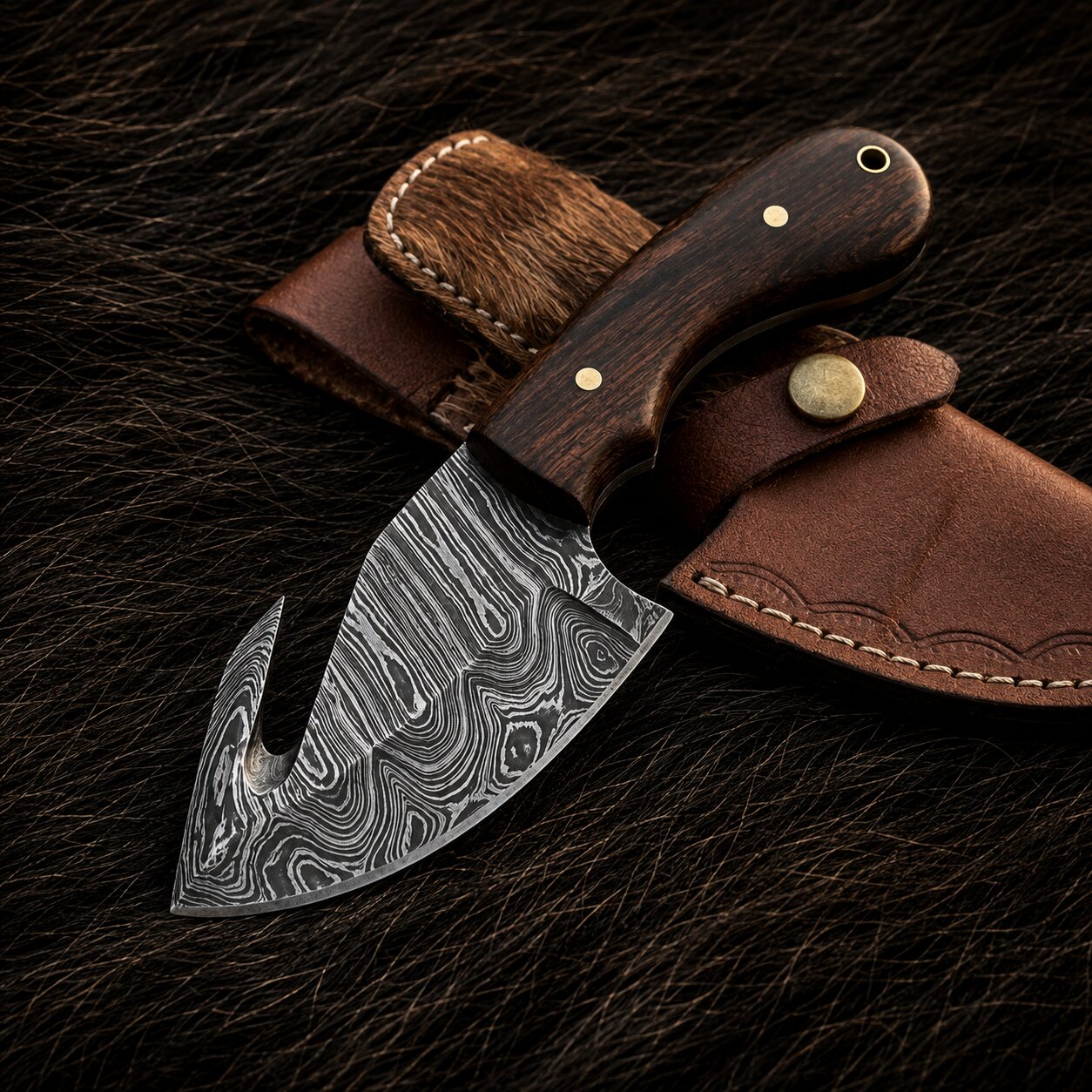 Rosewood Trailhook Knife – Damascus Gut Hook Skinner Arham Cutlery