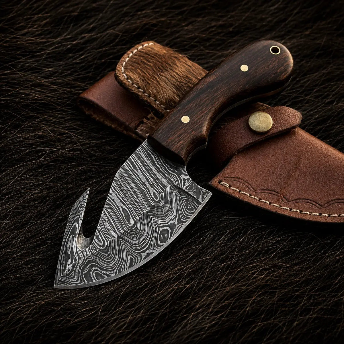 Rosewood Trailhook Knife – Damascus Gut Hook Skinner Arham Cutlery