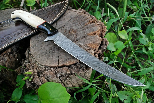 Custom Handmade Damascus Steel Fillet Knife with Wood and Bone Handle - Arham Cutlery