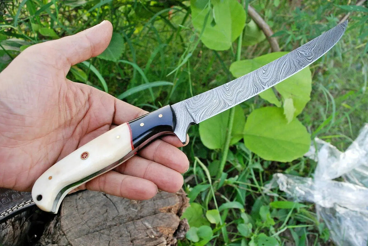 Custom Handmade Damascus Steel Fillet Knife with Wood and Bone Handle - Arham Cutlery