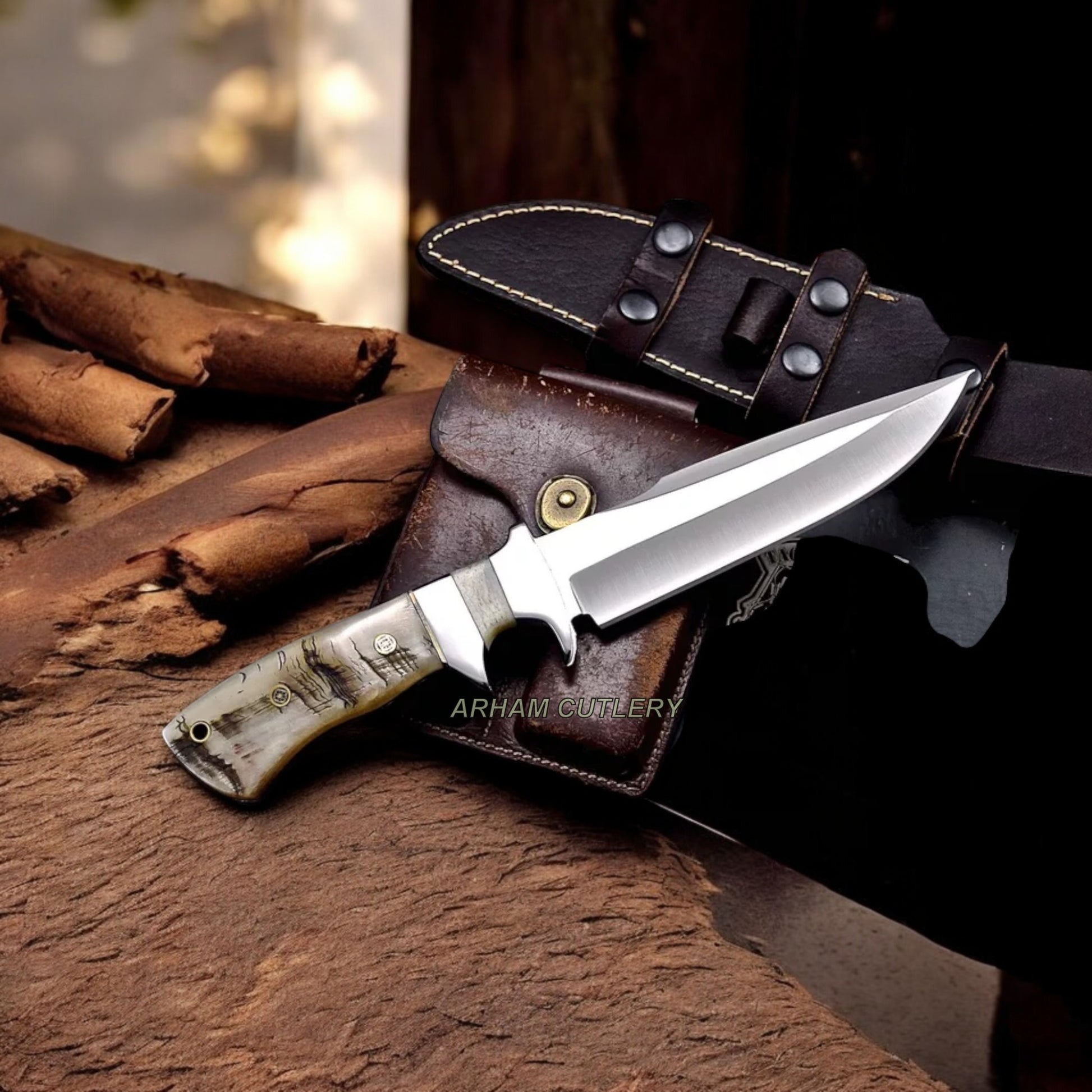 Handmade ATS 34 Custom Sheep Horn Sub Hilt Camping Hunting Knife