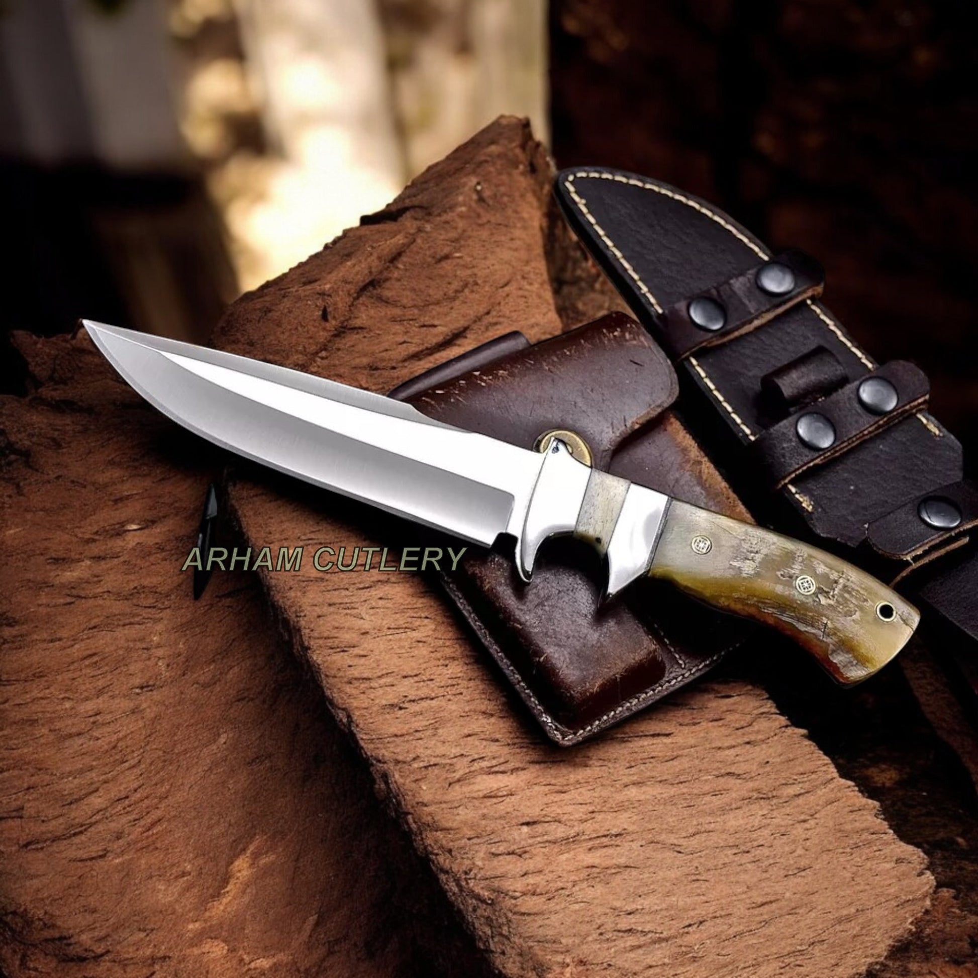 Handmade ATS 34 Custom Sheep Horn Sub Hilt Camping Hunting Knife