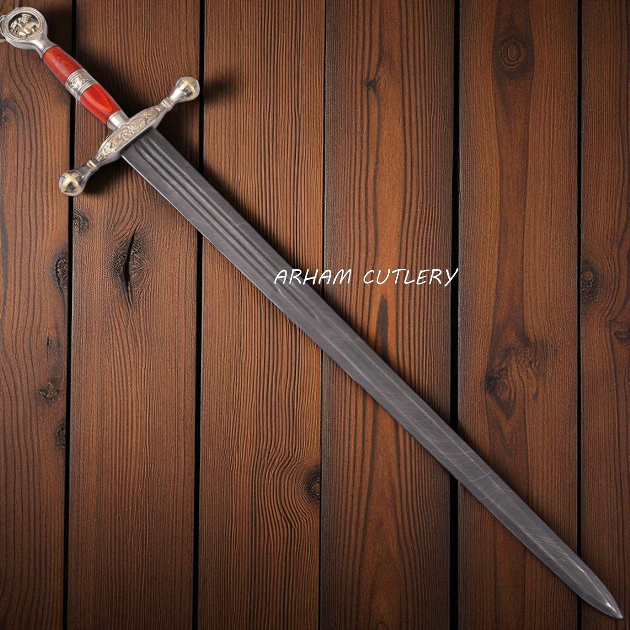 Handmade Damascus Steel Saint George Sword with red wood handle, golden dragon pommel, and leather sheath – Arham Cutlery