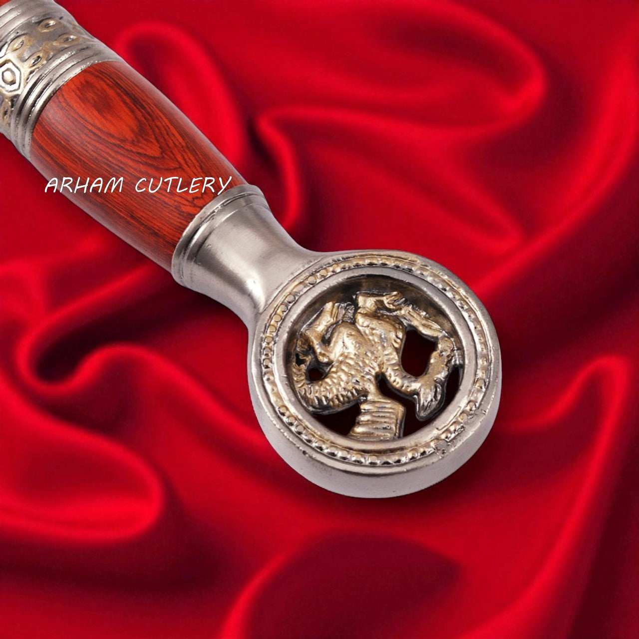 Handmade Damascus Steel Saint George Sword with red wood handle, golden dragon pommel, and leather sheath – Arham Cutlery