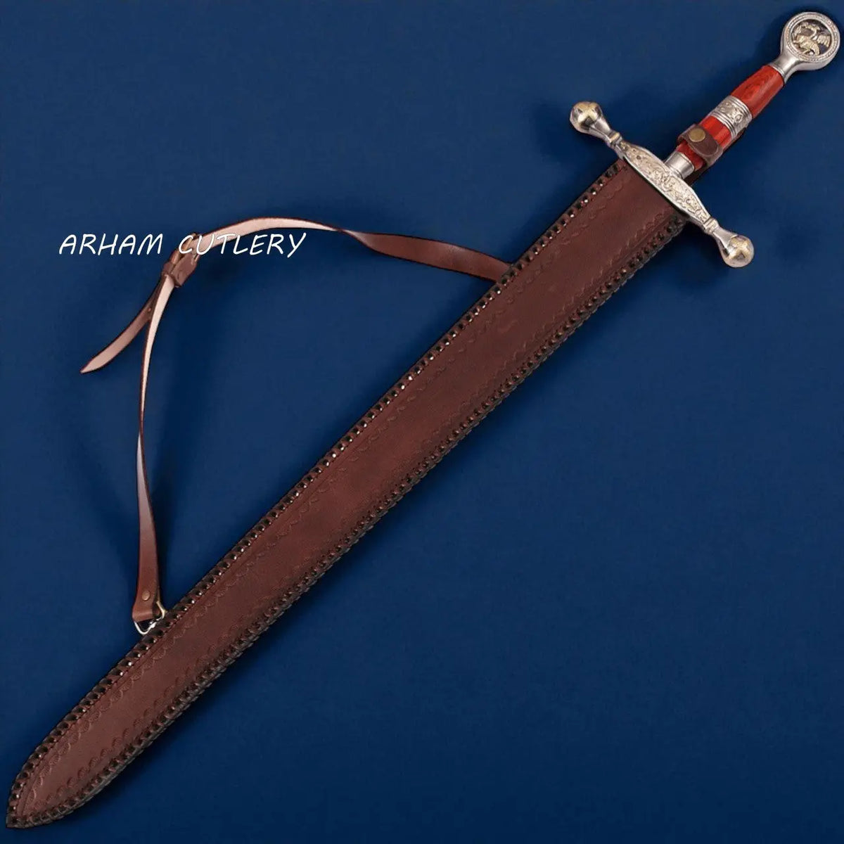 Handmade Damascus Steel Saint George Sword with red wood handle, golden dragon pommel, and leather sheath – Arham Cutlery