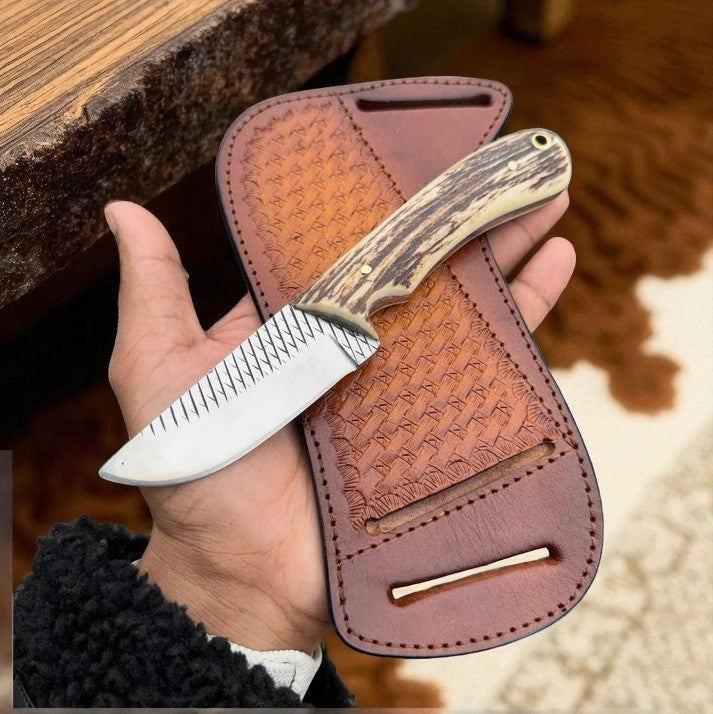 Handcrafted Fixed Blade Knife – Stag Horn Handle & Rasp Steel Blade | Arham Cutlery