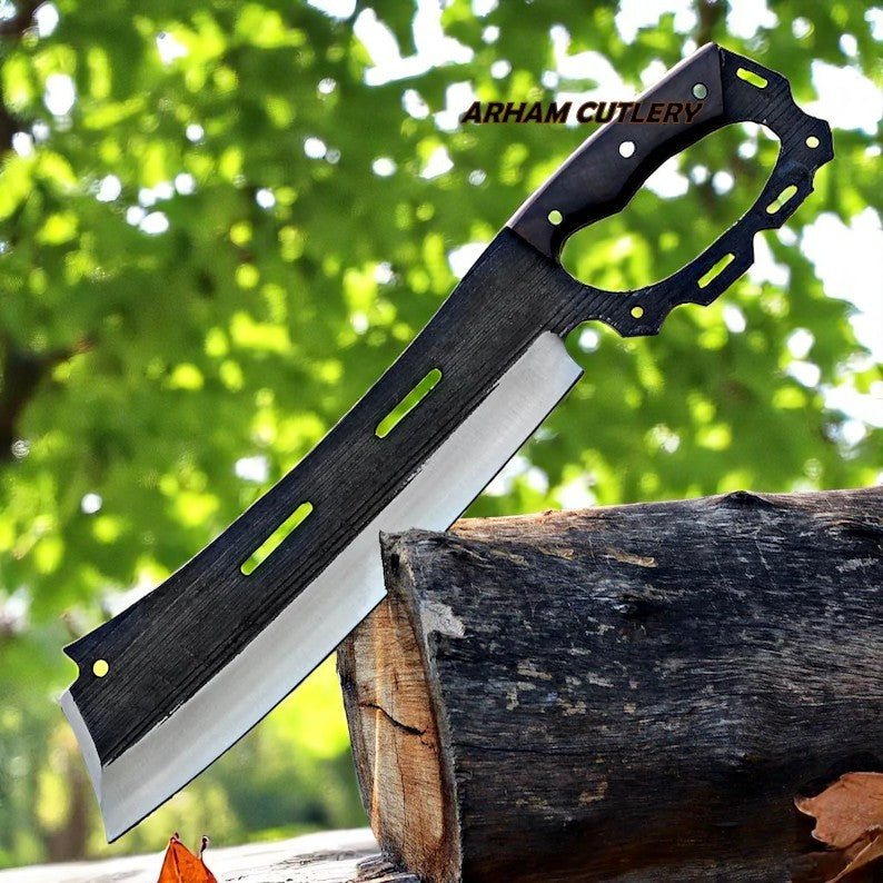 Tactical cleaver knife with rosewood handle and engraved leather sheath by Arham Cutlery