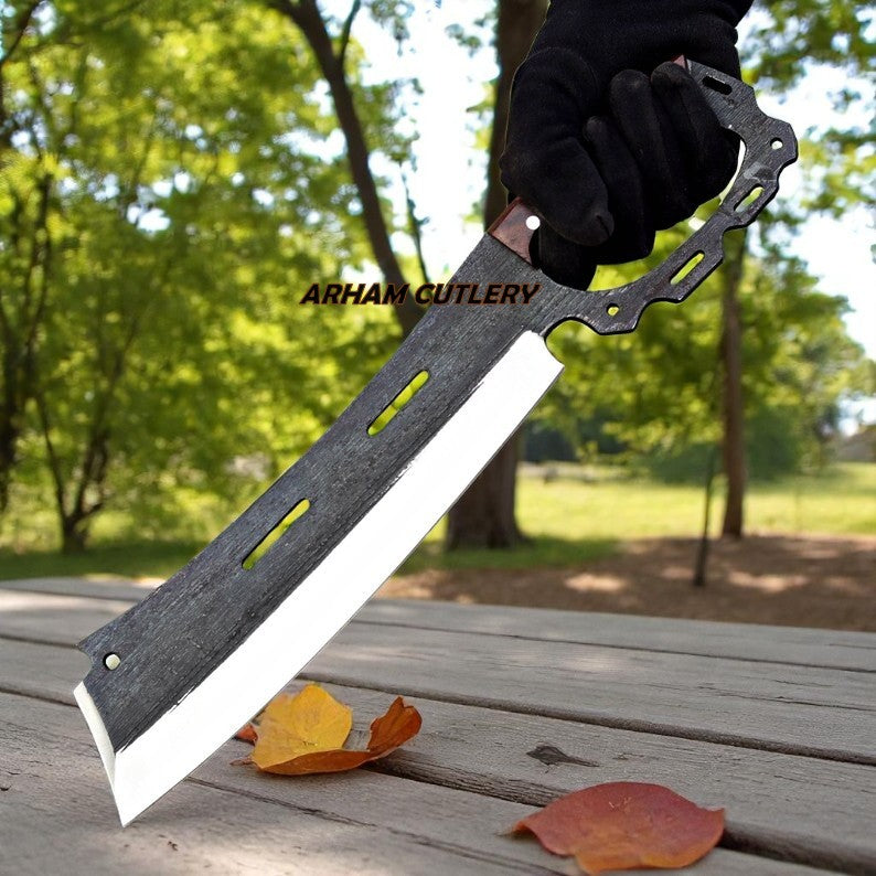 Tactical cleaver knife with rosewood handle and engraved leather sheath by Arham Cutlery