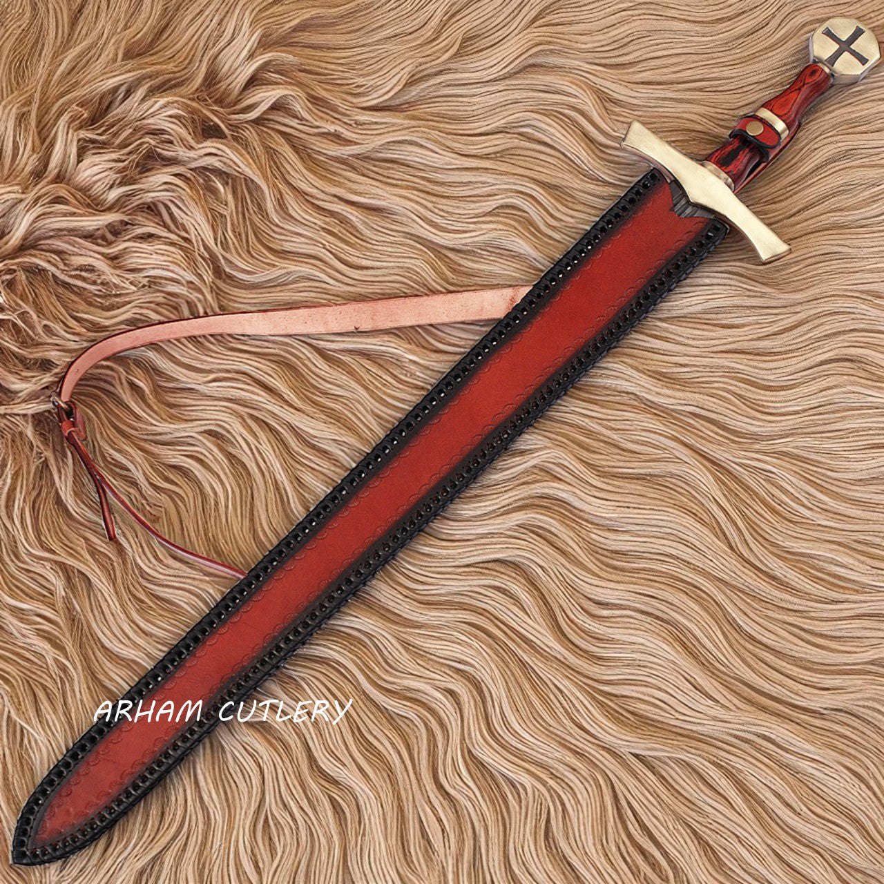 Templar Damascus Sword with Brass Pommel and Leather Sheath – Handmade by Arham Cutlery