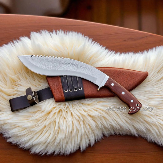 The Jungle Howl engraved Kukri machete with micarta handle and leather sheath, designed for bushcraft and outdoor use by Arham Cutlery.