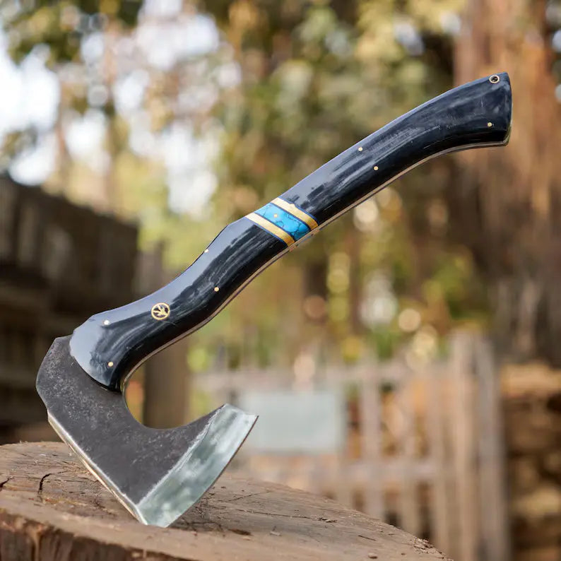 Handmade Forged Viking Axe – 1095 High Carbon Steel Bushcraft Hatchet with Turquoise Handle & Leather Sheath | Arham Cutlery - Arham Cutlery
