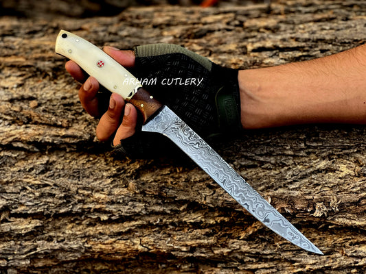 Custom Damascus Fillet Knife with Camel Bone and Rosewood Handle – Arham Cutlery