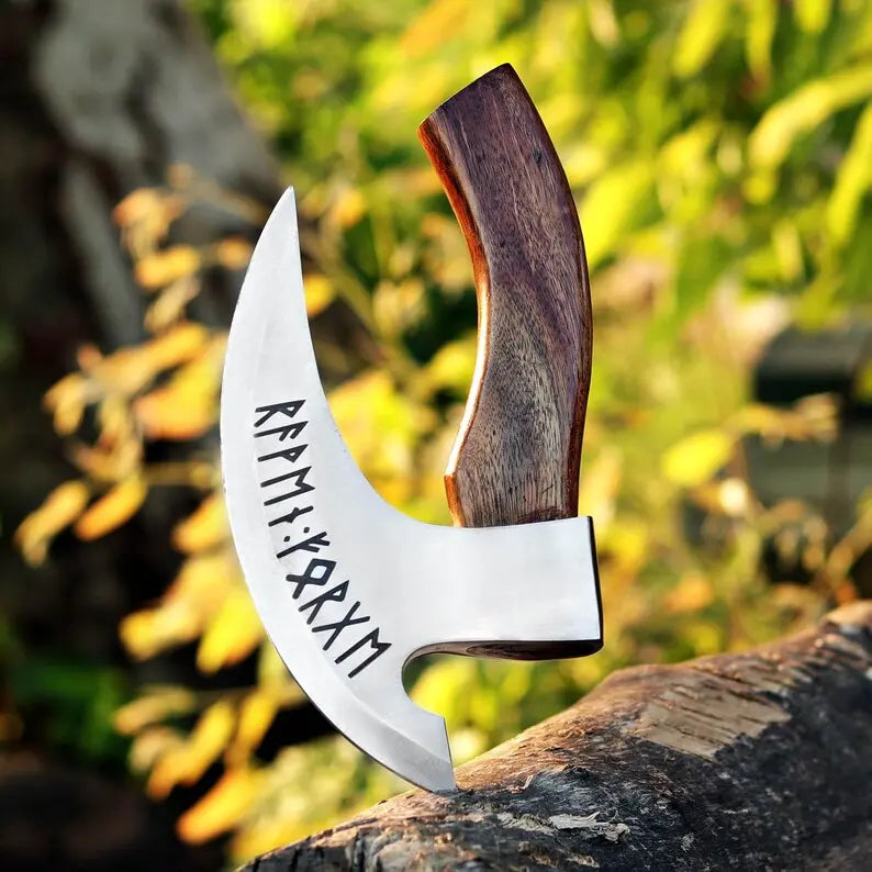 Personalized Viking Axe Pizza Cutter – Hand-Forged Stainless Steel Blade with Ash Wood Handle & Leather Sheath | Arham Cutlery - Arham Cutlery