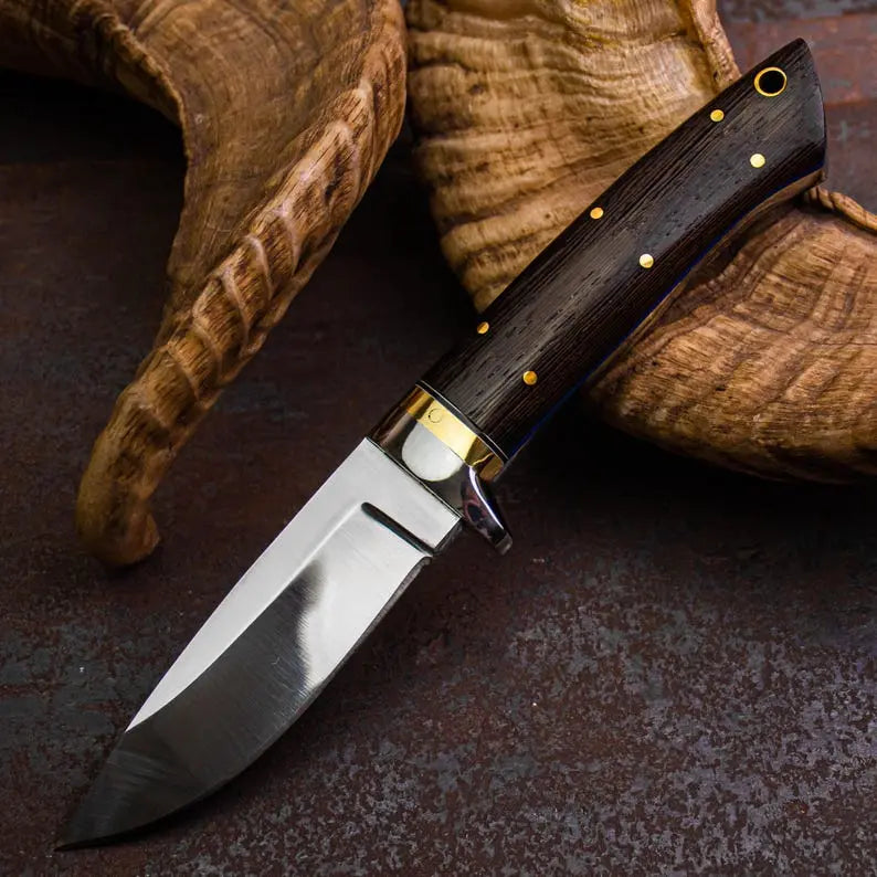 Handmade Stainless Steel Hunting Knife with Wenge Wood Handle – Full Tang Outdoor Knife with Leather Sheath - Arham Cutlery