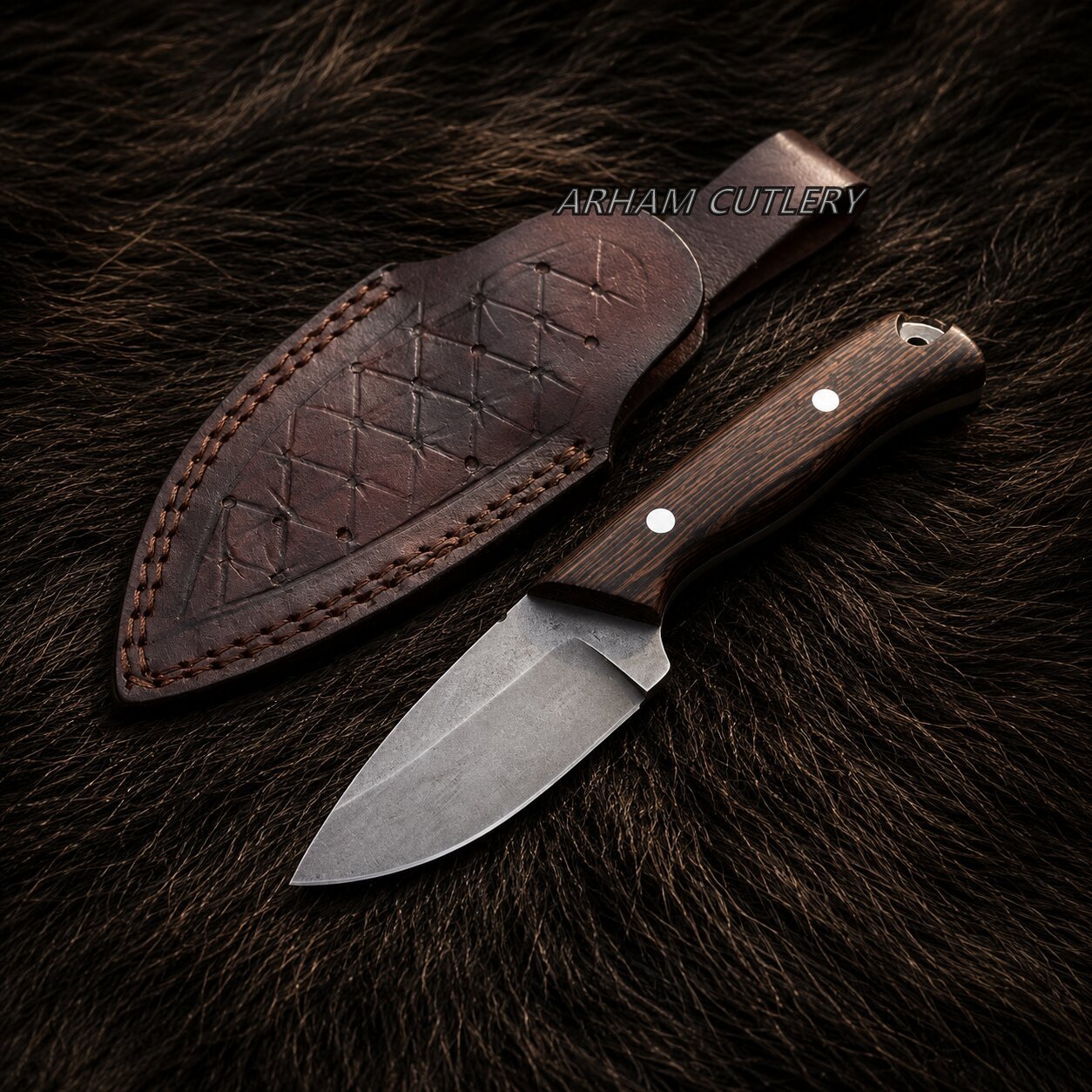 A fixed-blade knife with a dark wood handle and steel blade lies next to its stitched brown leather sheath on a dark brown fur background. The text 'ARHAM CUTLERY' is visible near the sheath.