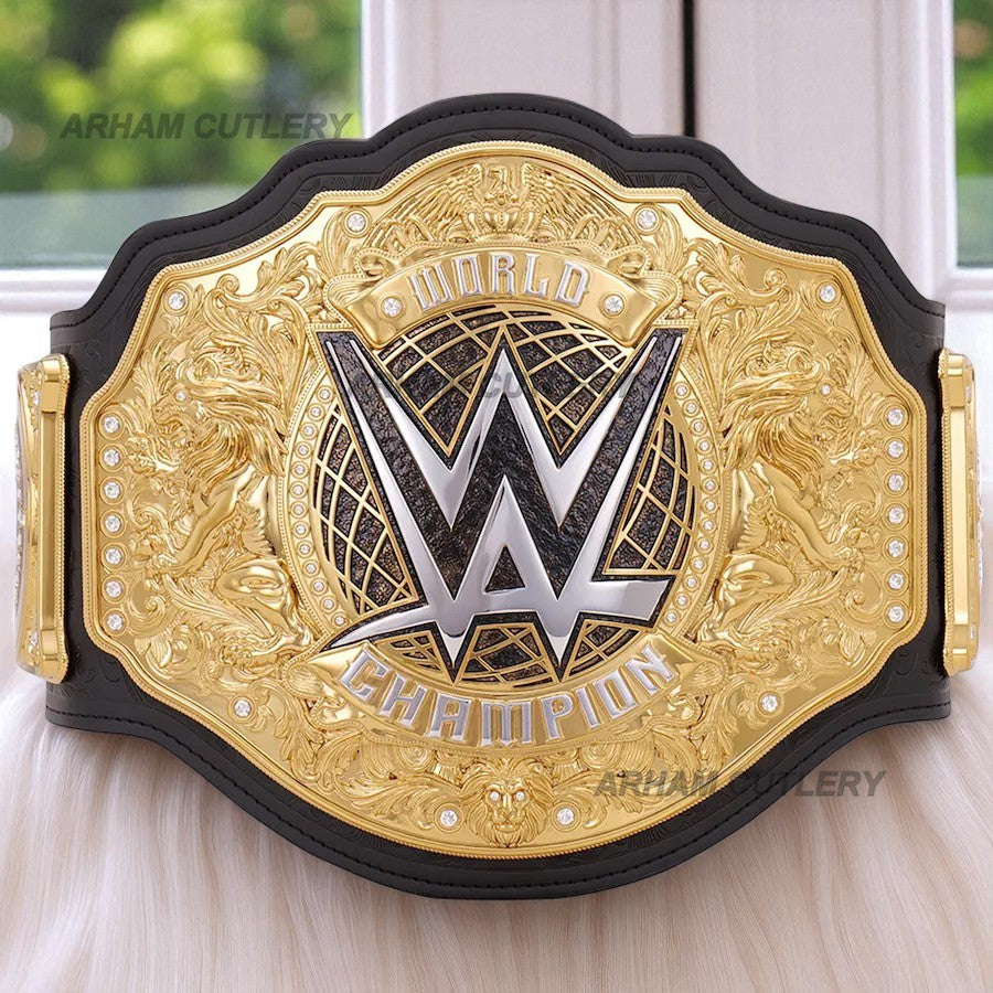 WWE World Heavyweight Championship Replica Title Belt with gold zinc alloy plates and black strap