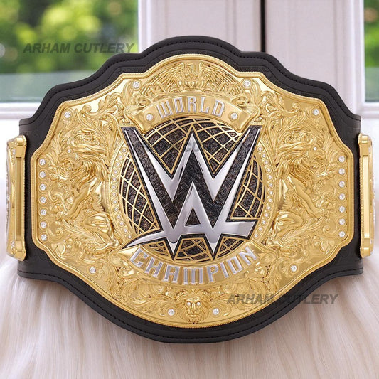 WWE World Heavyweight Championship Replica Title Belt with gold zinc alloy plates and black strap